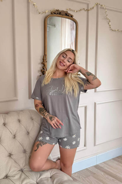 Gri Smile Everyday Desenli Bambu Kısa Kol Kadın Şortlu Pijama Takımı - Pijamaevi (1)
