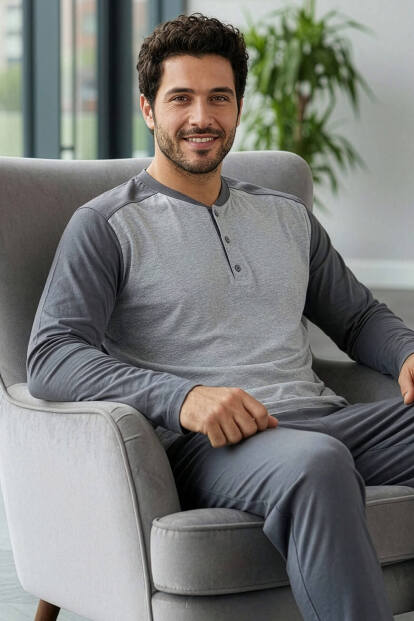 Gri Stylish Erkek Uzun Kol Pijama Takımı - Pijamaevi