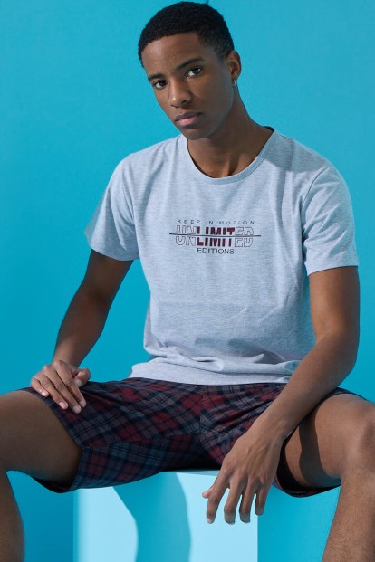 Gri Unlimited Baskılı Şortlu Erkek Pijama Takımı - Pijamaevi