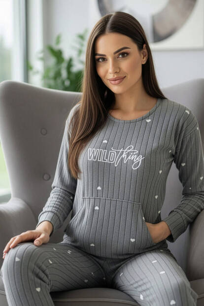 Gri Wild Desenli Kanguru Cepli Peluş Polar Pijama Takımı - Pijamaevi