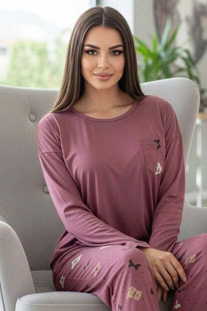 Gül Kurusu Cute Pattern Desenli Uzun Kollu Bambu Örme Kadın Pijama Takımı - Pijamaevi