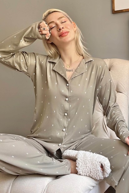 Haki Double Desenli Bambu Önden Düğmeli Kadın Pijama Takımı - Pijamaevi