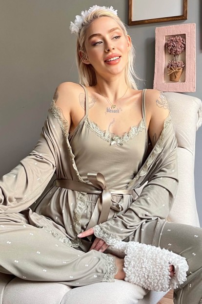 Haki Double Desenli Bambu Sabahlıklı Kadın Pijama Seti - Pijamaevi