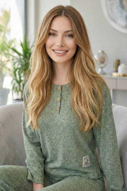 Haki Happy Desenli Uzun Kollu Seul Örme Kadın Pijama Takımı - Pijamaevi