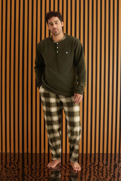 Haki Krem Ekose Desenli Polar Erkek Pijama Takımı - Pijamaevi (1)