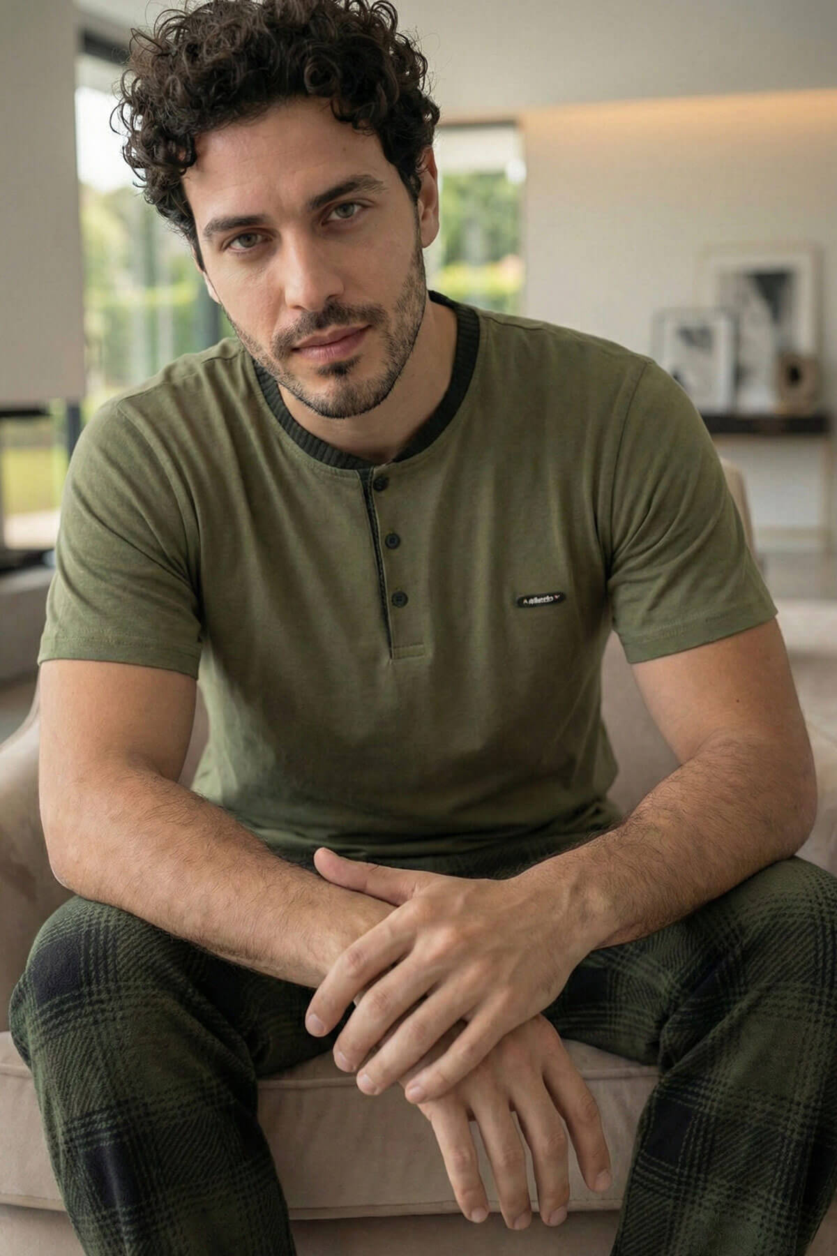Heritage Khaki Patlı Kısa Kollu Cotton Erkek Pijama Takımı