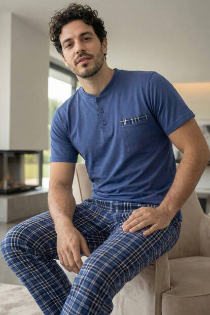 Indigo Blue Kısa Kollu Cep Detaylı Elegant Erkek Pijama Takımı - Pijamaevi