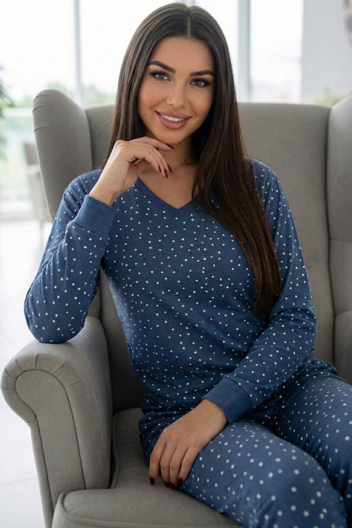 Indigo Point Desenli Uzun Kollu Bambu Örme Kadın Pijama Takımı