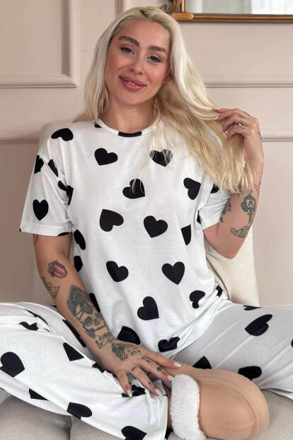 Ivory Passion Heart Desenli Bambu Kısa Kol Kadın Pijama Takımı - Pijamaevi