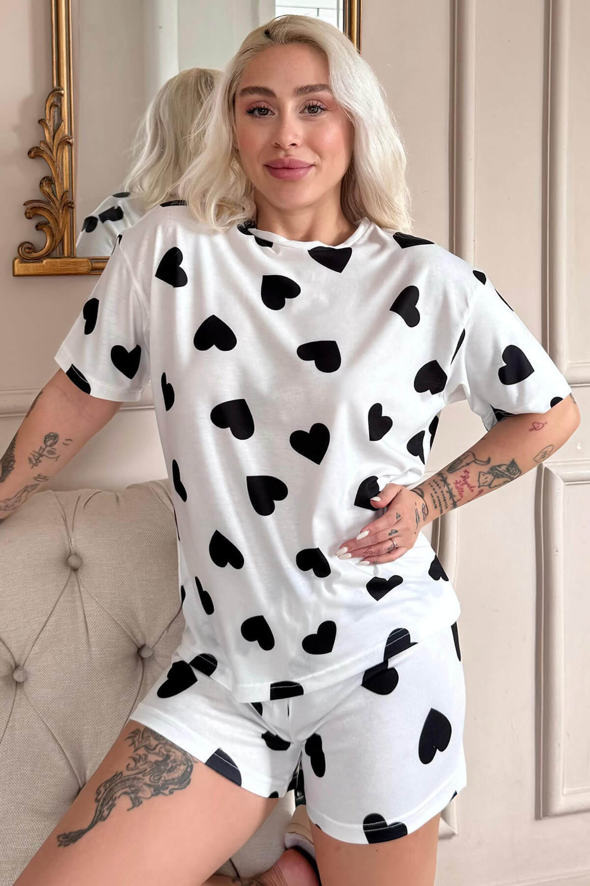 Ivory Passion Heart Desenli Kısa Kollu Şortlu Örme Kadın Pijama Takımı