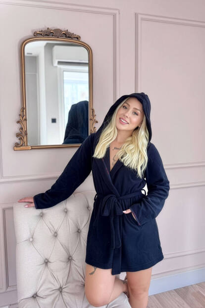 Kadın Lacivert Kapüşonlu Polar Kısa Sabahlık - Pijamaevi (1)