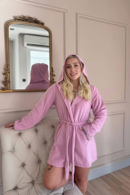 Kadın Pembe Kapüşonlu Polar Kısa Sabahlık - Pijamaevi (1)