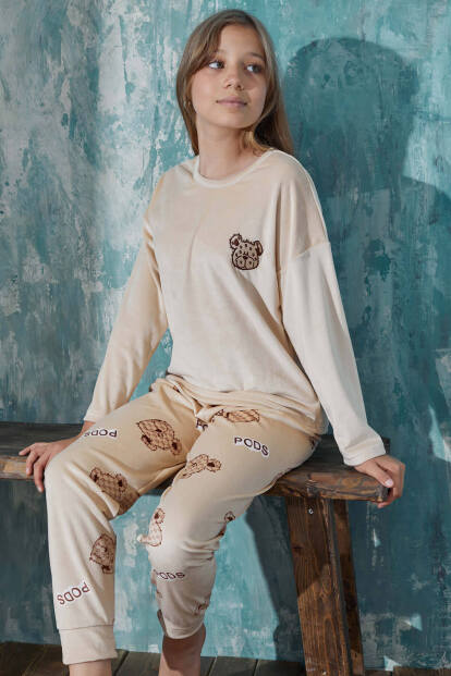 Kahve Bear Head Desenli Exclusive Kadife Kız Çocuk Pijama Takımı  - Pijamaevi