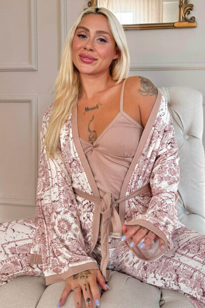 Kahve Etnik Desenli Termal Sabahlıklı Kadın Pijama Takımı - Pijamaevi