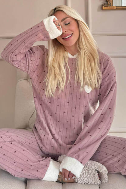 Kahve Heart Magic Desenli Kapşonlu Peluş Polar Pijama - Pijamaevi