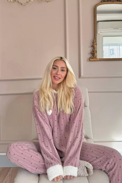 Kahve Heart Magic Desenli Kapşonlu Peluş Polar Pijama - Pijamaevi (1)