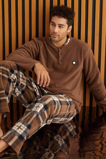 Kahve Krem Ekose Desenli Polar Erkek Pijama Takımı - Pijamaevi