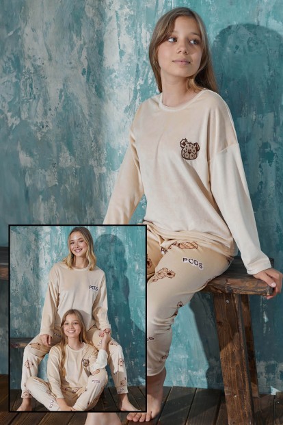 Kahve Pods Kadife Anne Kız Aile Pijaması - Çocuk Takımı - Pijamaevi