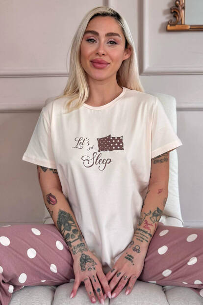 Kahve Sleep Desenli Pamuk Kısa Kollu Kadın Pijama Takımı - Pijamaevi