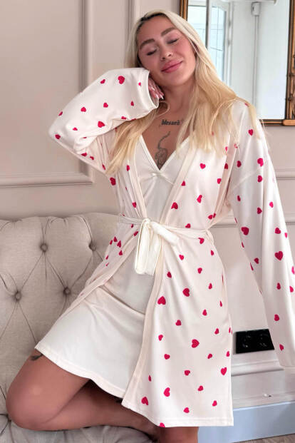 Kalp Desenli Termal Sabahlıklı Kadın Pijama Takımı - Pijamaevi