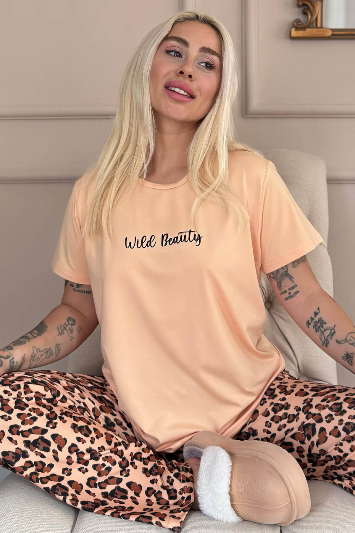Karamel Wild Beauty Desenli Kısa Kollu Örme Kadın Pijama Takımı