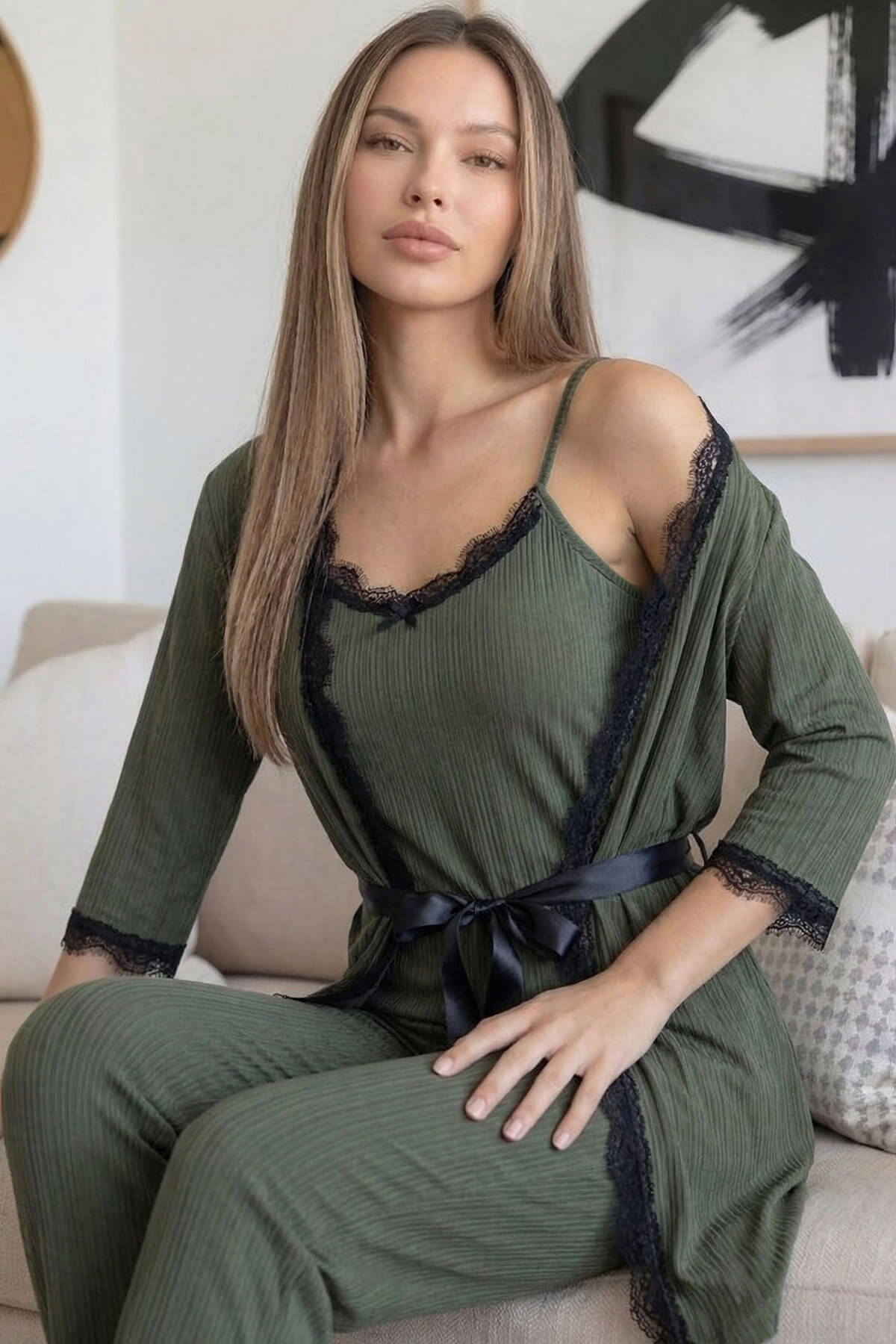 Khaki Desenli Sabahlıklı Pegasus Pijama Takımı