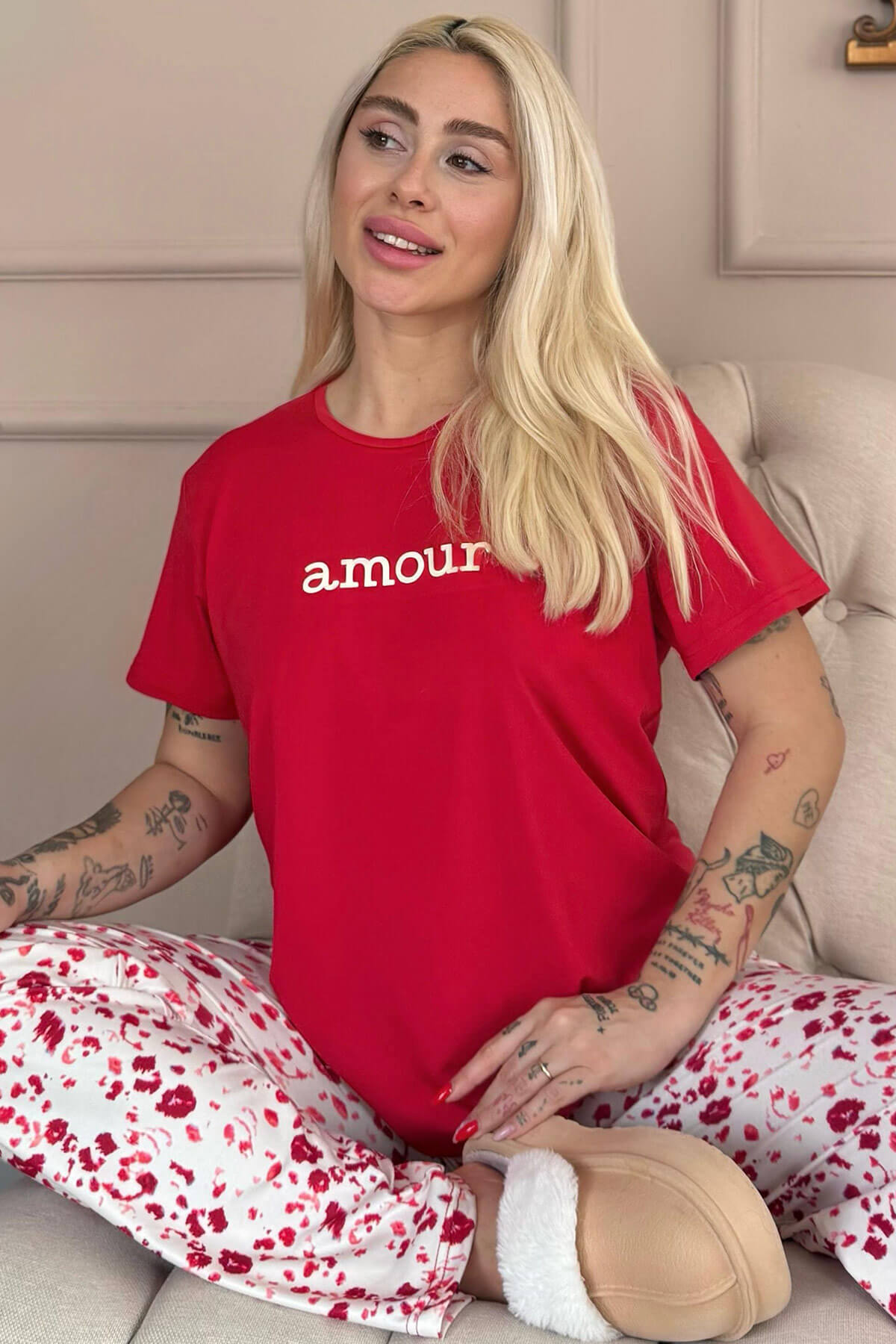 Kırmızı Amour Desenli Kısa Kollu Kadın Pijama Takımı