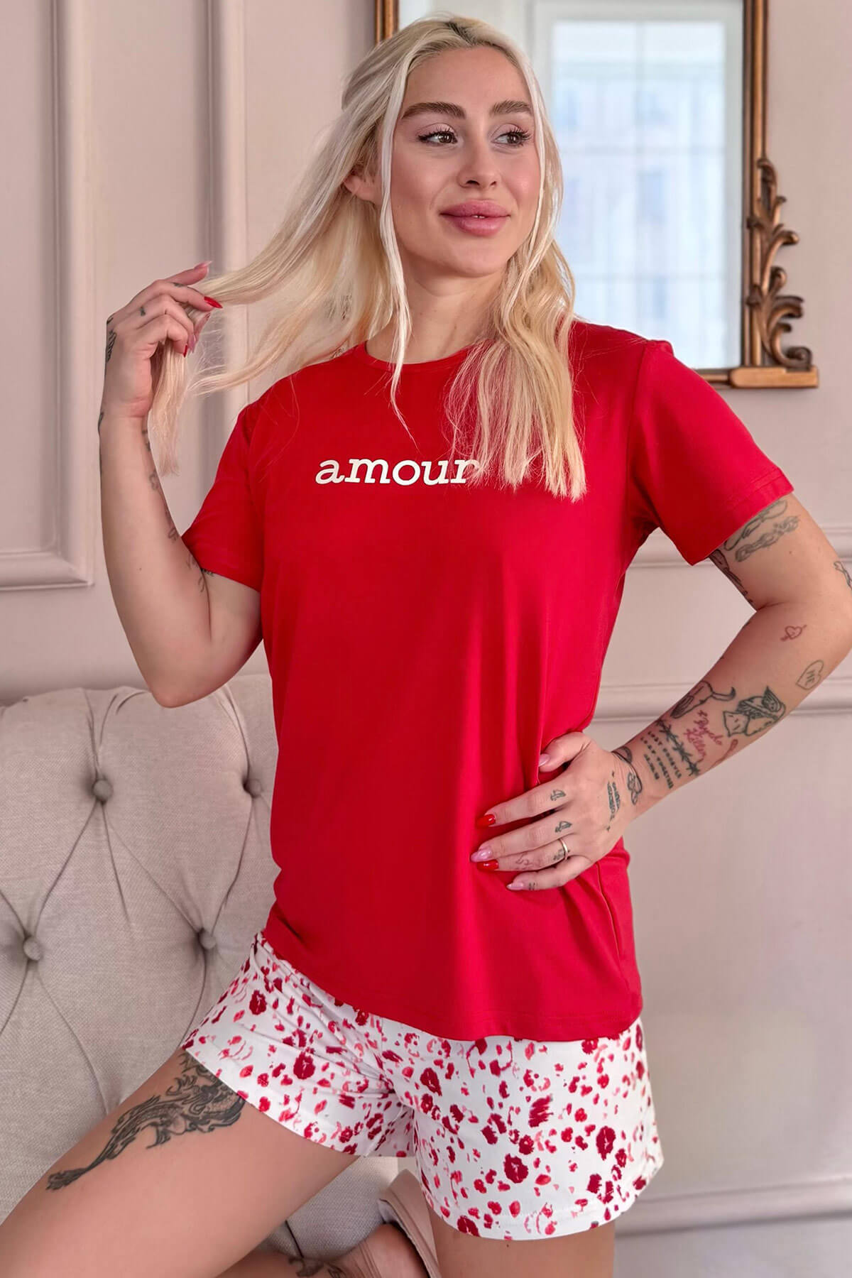 Kırmızı Amour Desenli Kısa Kollu Şortlu Örme Kadın Pijama Takımı