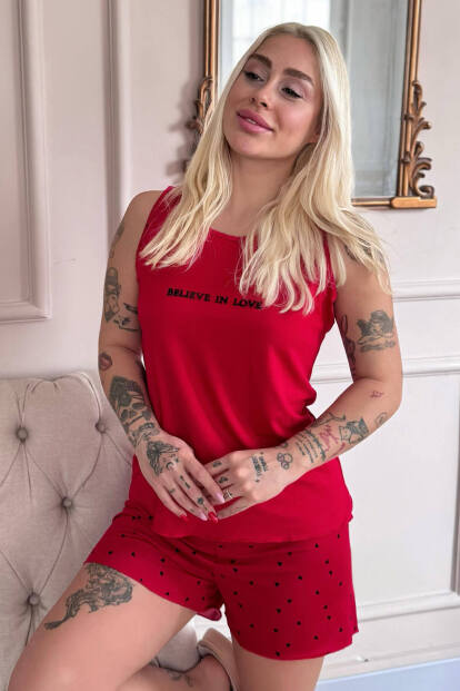 Kırmızı Believe Desenli Bambu Sıfır Kol Şortlu Kadın Pijama Takımı - Pijamaevi