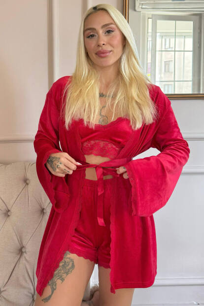 Kırmızı Bralet Exclusive Kadife Sabahlıklı Kadın Pijama Takımı - Pijamaevi
