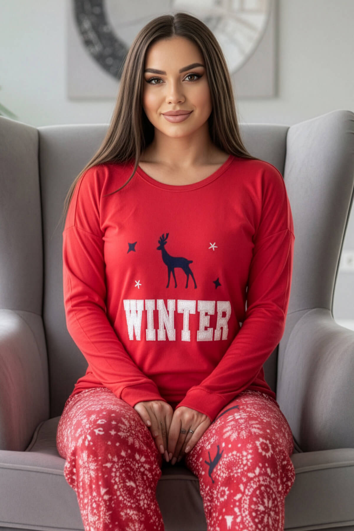 Kırmızı Deer Winter Desenli Termal Kadın Pijama Takımı