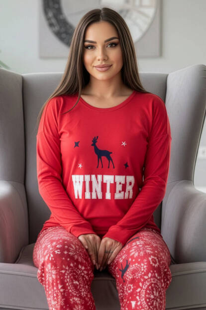 Kırmızı Deer Winter Desenli Termal Kadın Pijama Takımı - Pijamaevi