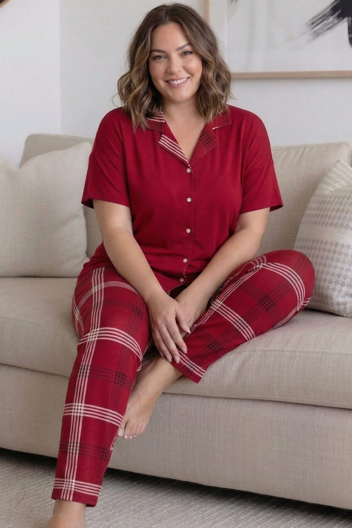 Kırmızı Ekose Büyük Beden Kısa Kollu Önden Düğmeli Bambu Kadın Pijama Takımı
