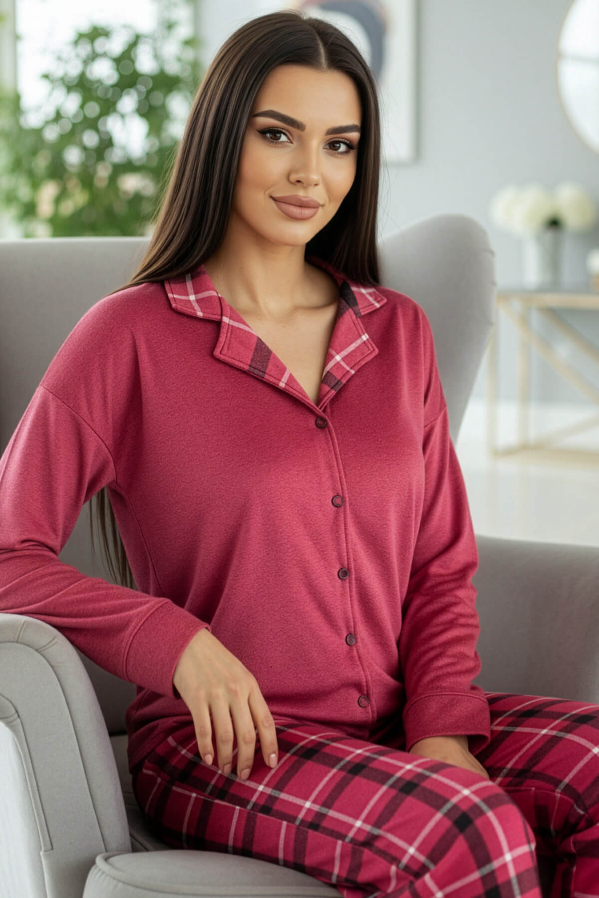 Kırmızı Ekose Desenli Termal Önden Düğmeli Uzun Kollu Kadın Pijama Takımı