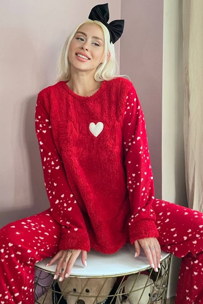 Kırmızı Enjoy Life Desenli Kadın Peluş Pijama Takımı - Pijamaevi