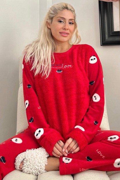 Kırmızı Heart Love Desenli Kadın Peluş Pijama Takımı - Pijamaevi