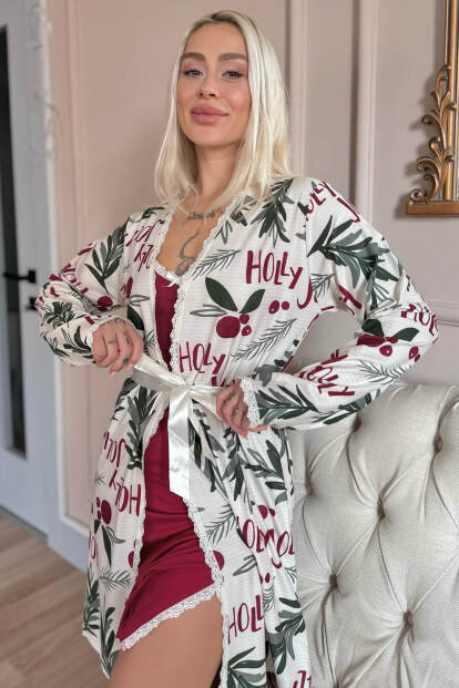 Kırmızı Holly Berry Exclusive Örme Sabahlıklı Gecelik Kadın Pijama Takımı - Pijamaevi