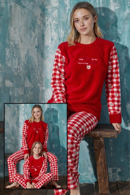 Kırmızı Home Peluş Anne Kız Aile Pijaması - Anne Takım - Pijamaevi