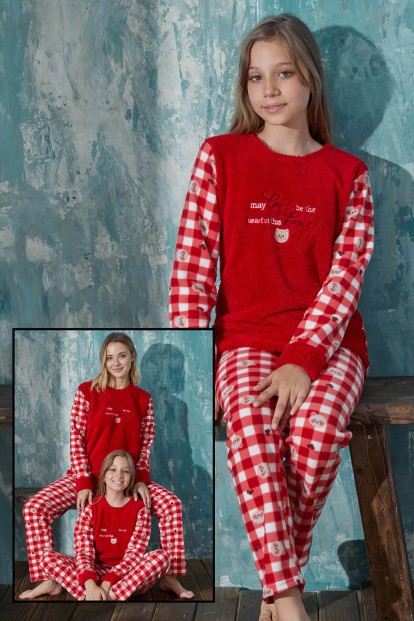 Kırmızı Home Peluş Anne Kız Aile Pijaması - Kız Çocuk Takımı - Pijamaevi