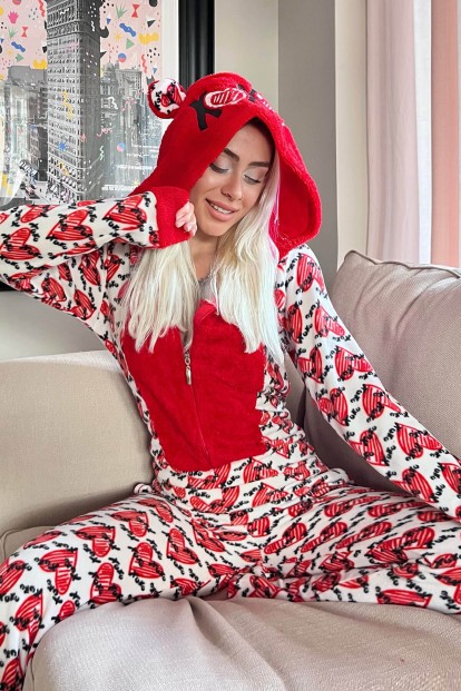 Kırmızı Kalp Desenli Kadın Polar Peluş Tulum Pijama Takımı - Pijamaevi