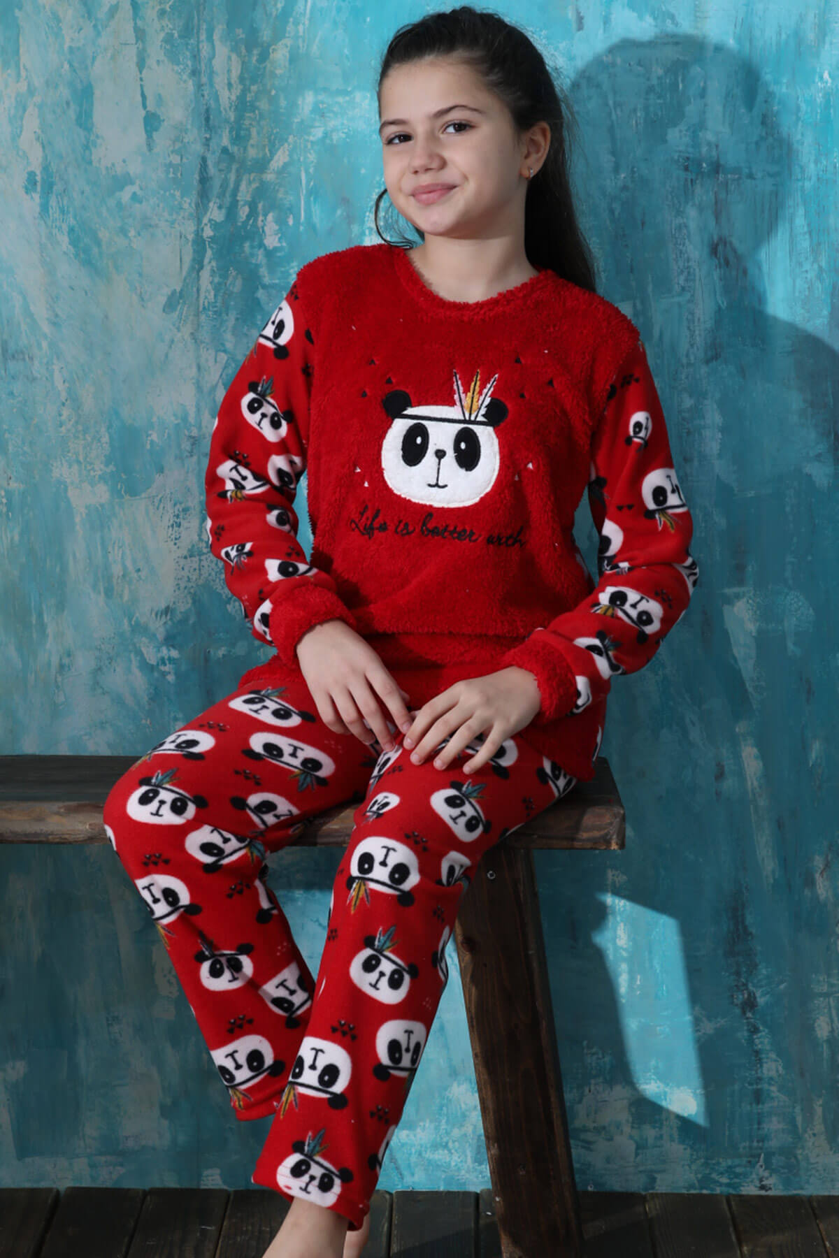 Kırmızı Life Panda Desenli Kız Çocuk Peluş Pijama Takımı