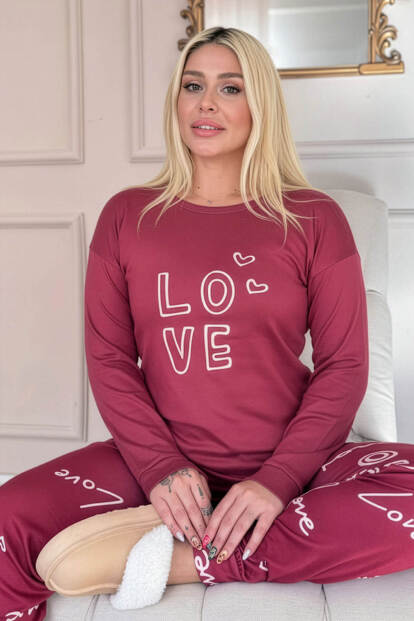 Kırmızı Love Desenli Termal Kadın Pijama Takımı - Pijamaevi