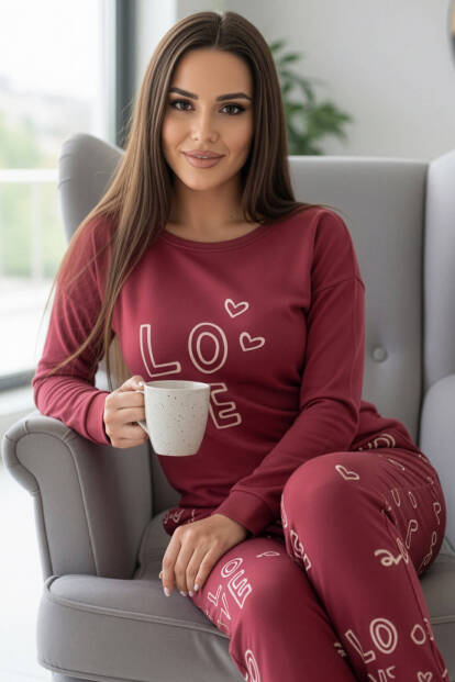 Kırmızı Love Desenli Termal Kadın Pijama Takımı - Pijamaevi