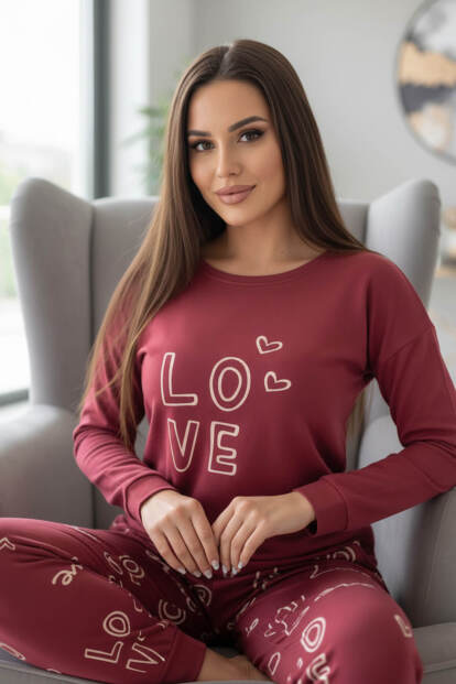 Kırmızı Love Desenli Termal Kadın Pijama Takımı - Pijamaevi (1)