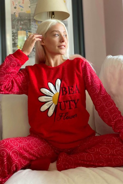 Kırmızı Papatya Desenli Kadın Peluş Pijama Takımı - Pijamaevi