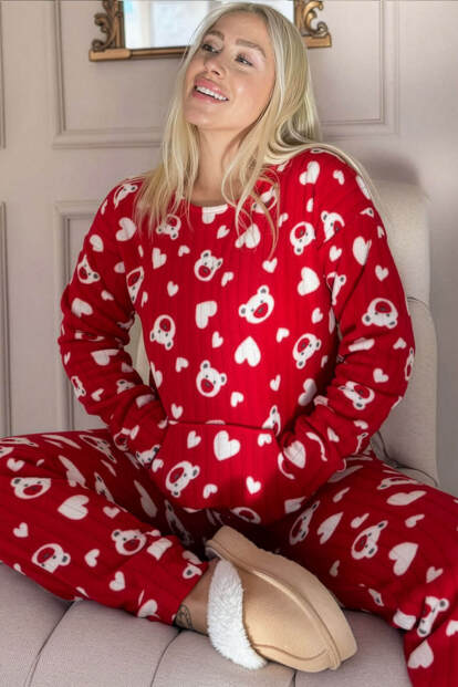 Kırmızı Print Bear Desenli Kanguru Cepli Peluş Polar Pijama Takımı - Pijamaevi