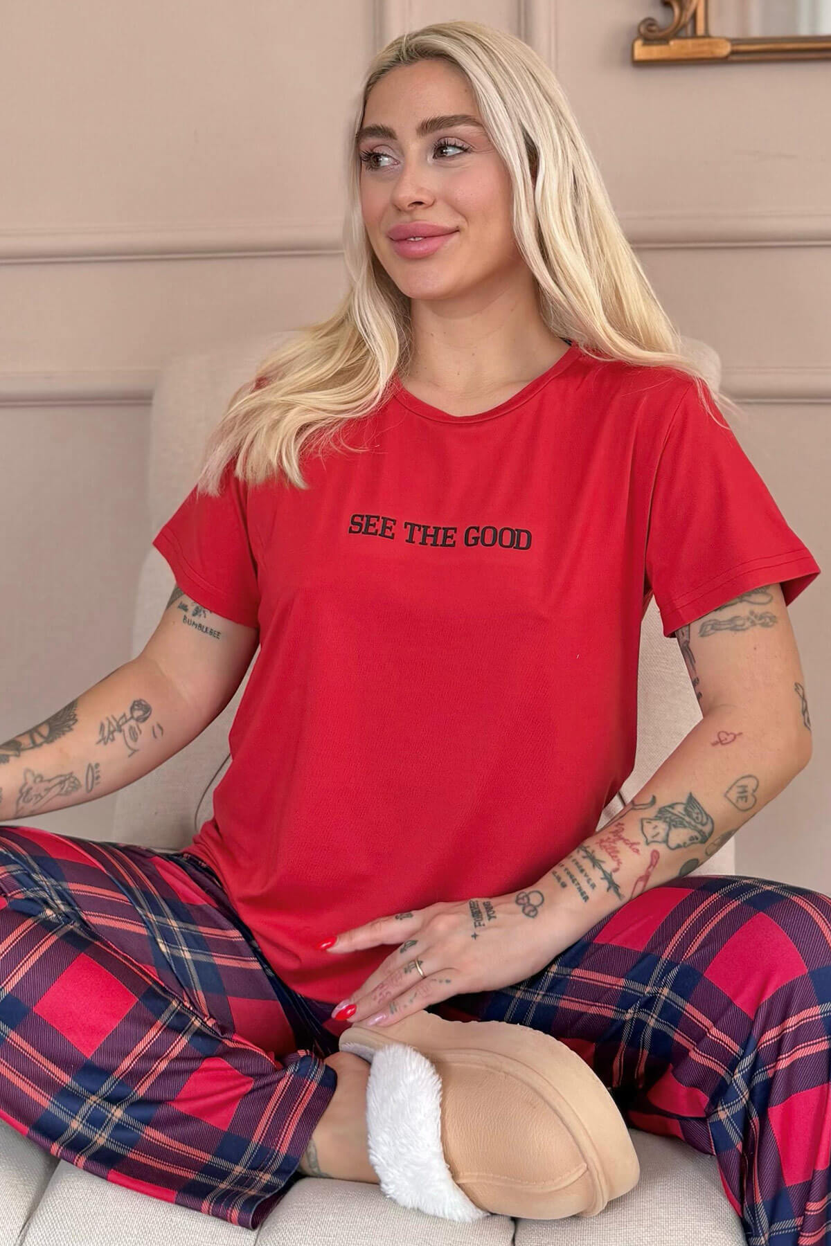 Kırmızı See The Good Desenli Kısa Kollu Örme Kadın Pijama Takım