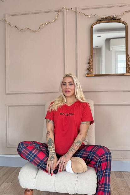 Kırmızı See The Good Desenli Kısa Kollu Örme Kadın Pijama Takım - Pijamaevi (1)