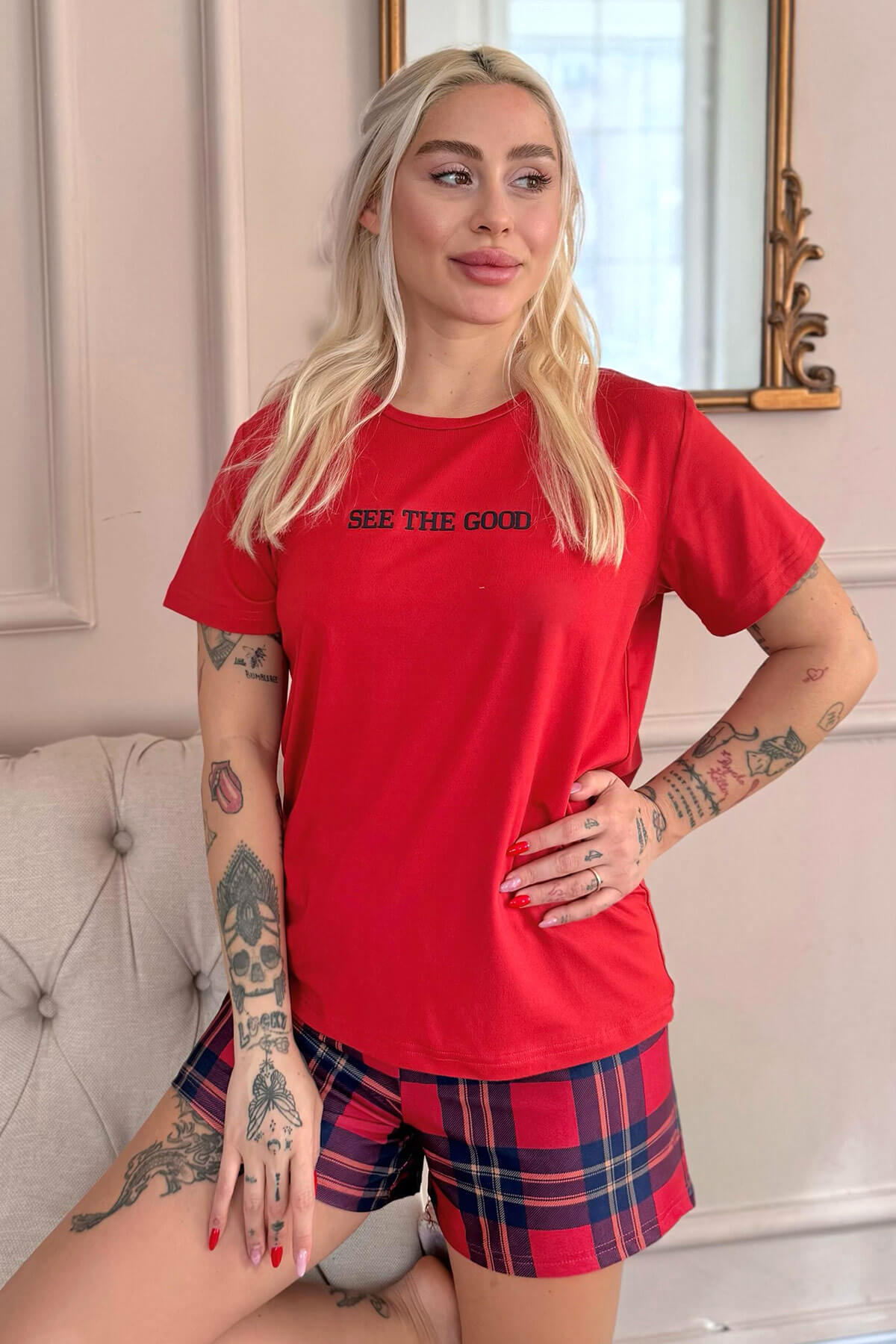 Kırmızı See The Good Desenli Kısa Kollu Şortlu Örme Kadın Pijama Takımı
