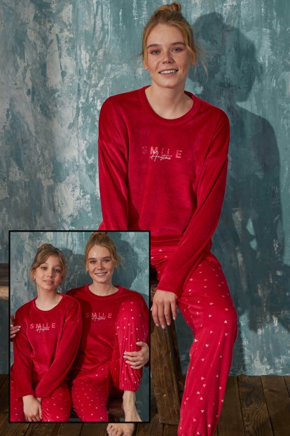 Kırmızı Smile Kadife Anne Kız Aile Pijaması - Anne Takım - Pijamaevi